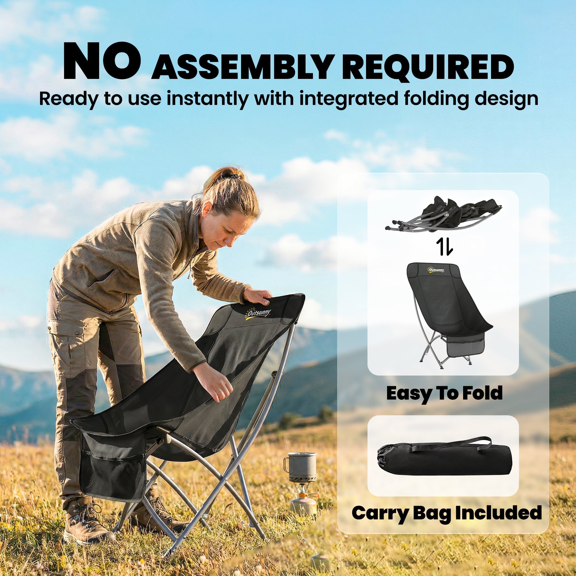 Outsunny Camping Chair for Adults Heavy Duty Folding Camp Chair with Side Pocket and Carry Bag Black