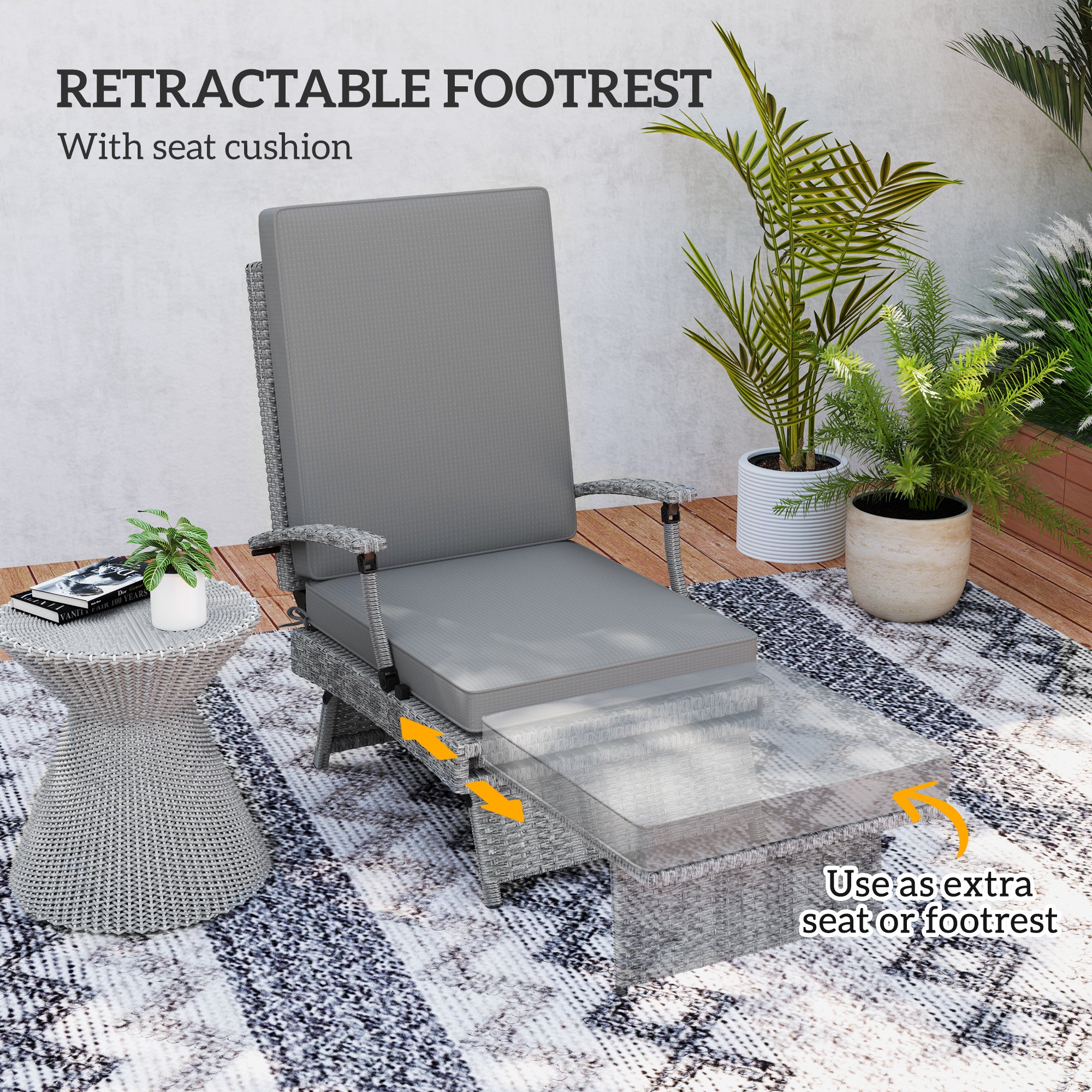 Outsunny 80√Ç¬∞ Reclining Rattan Lounger - Grey