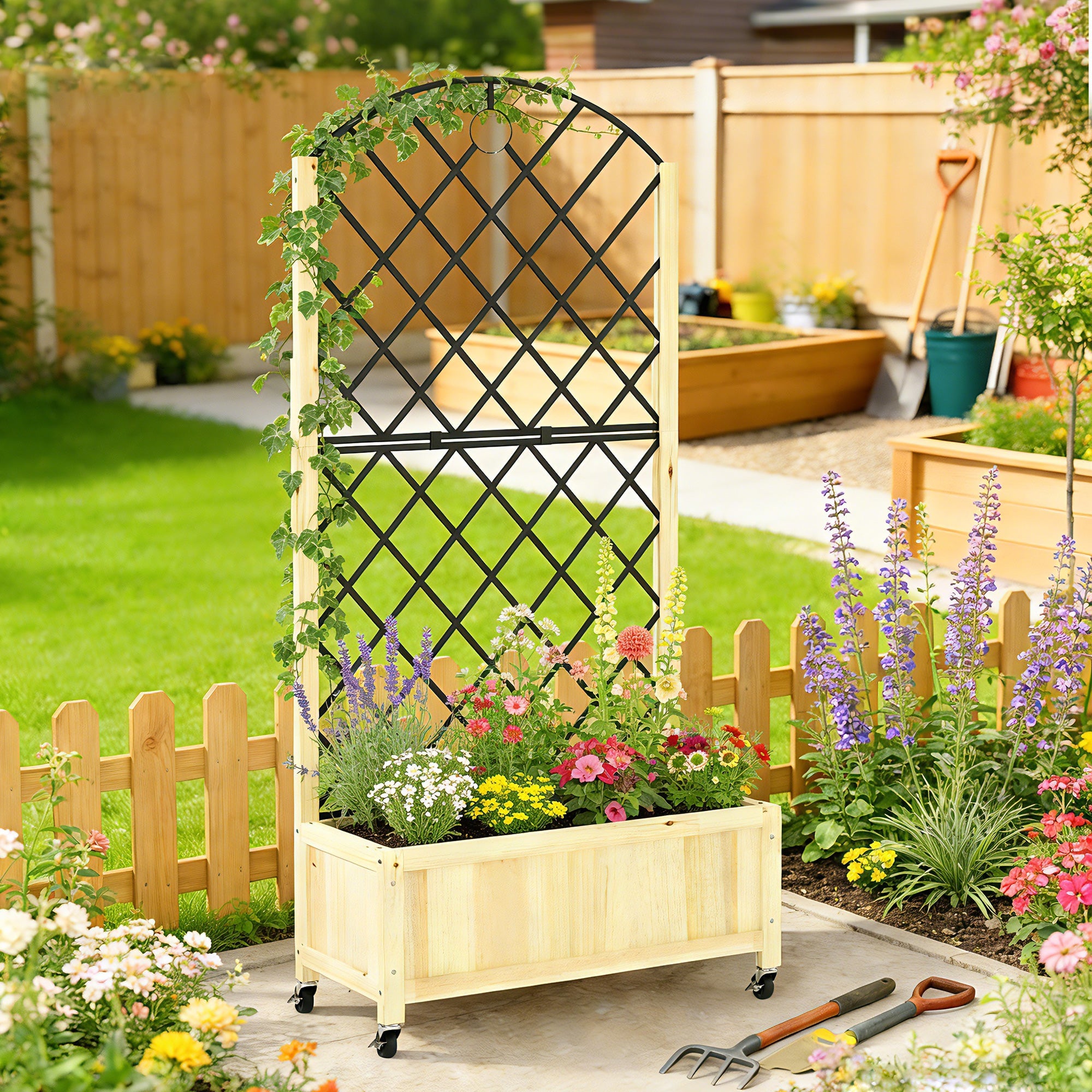 Outsunny Raised Garden Bed with Metal Trellis, Wooden Elevated Planter Box with Lockable Wheels, Outdoor Raised Planter, Natural