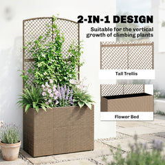 Outsunny Rattan Planter with Trellis, Raised Beds for Garden with Liner for Climbing Plants Vegetables Flowers, Light Grey