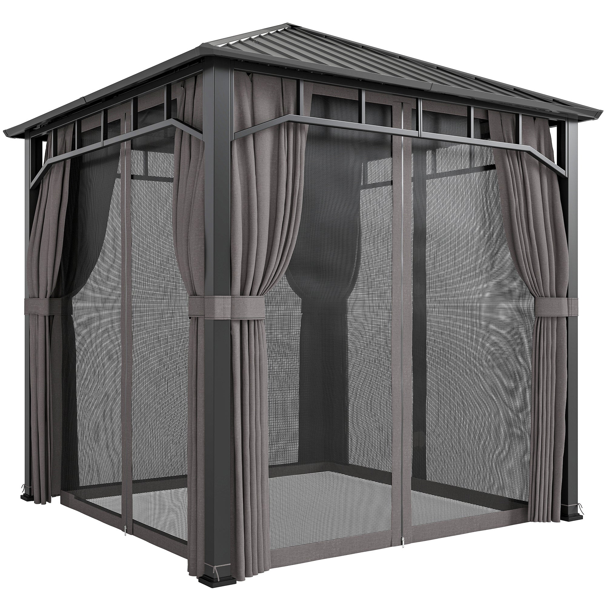 Outsunny 2.5 x 2.5 m Hardtop Gazebo with Galvanised Steel Roof, Waterproof Permanent Pavilion Garden Gazebo with Netting and Curtains for Patio, Deck, Dark Grey