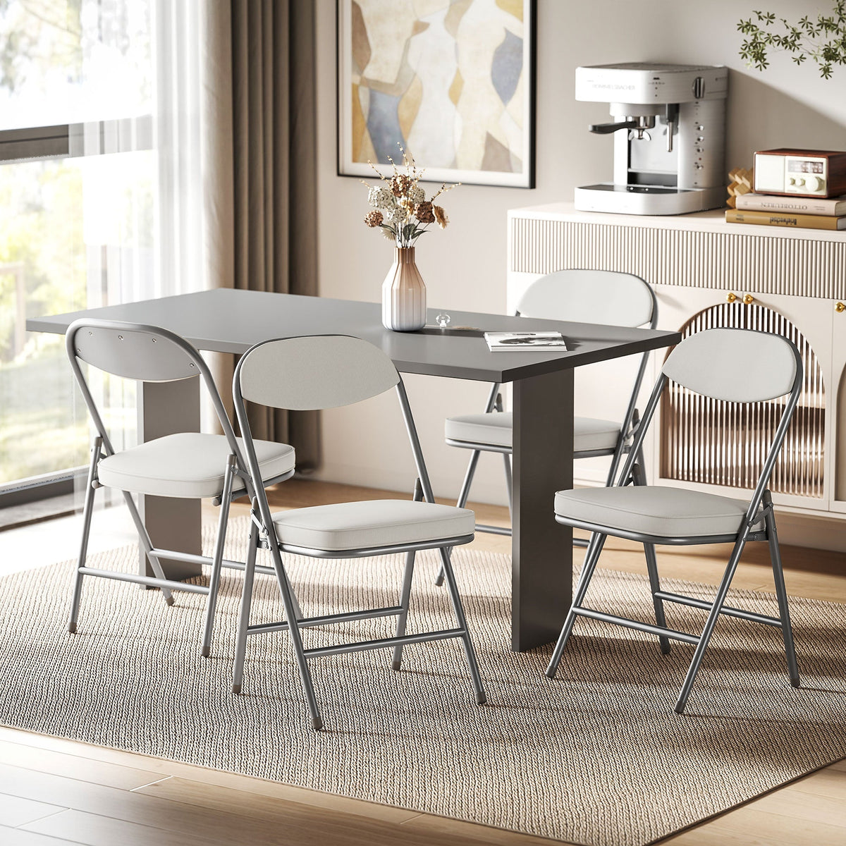 HOMCOM Set of Four Folding Corduroy Seat Chairs - Off-White