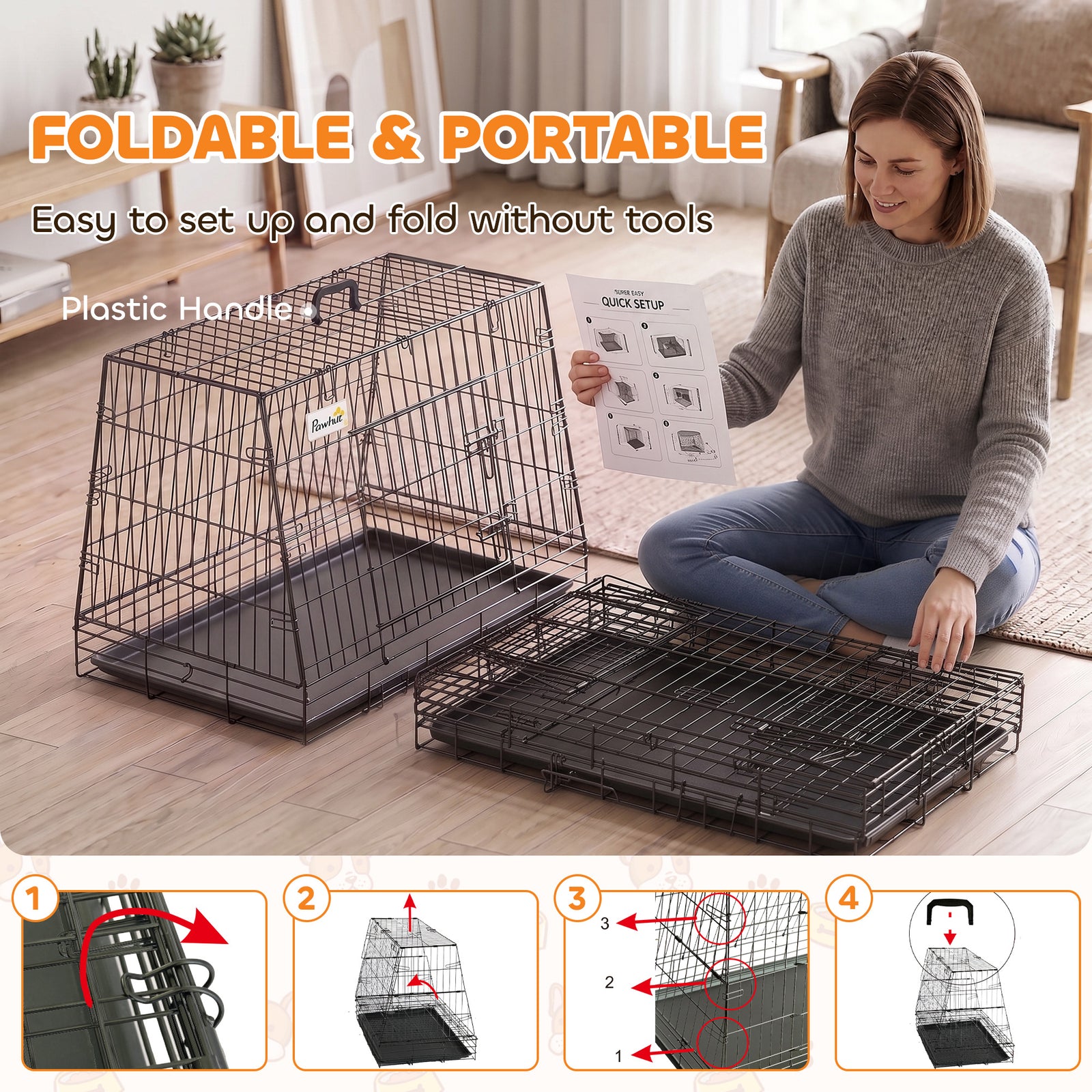 PawHut 35"(90 cm) Car Dog Crate Medium Large Collapsible Slanted Travel Dog Cage with Tray for Car Boot