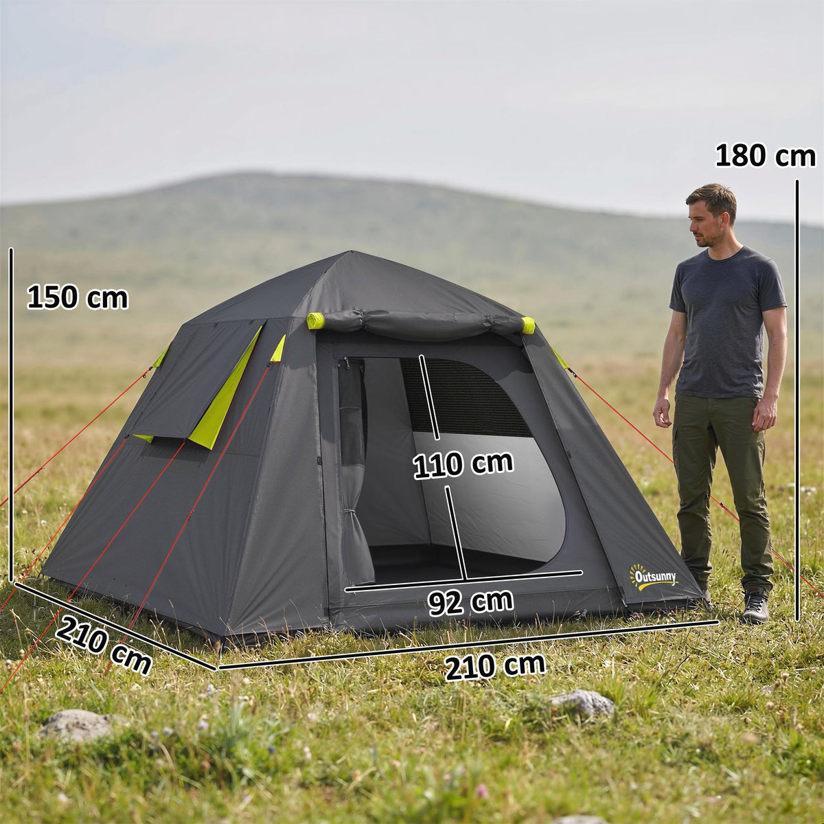 Outsunny Camping Tent 3000mm Waterproof Tent with 2 Doors for 2 Person, Grey & Green