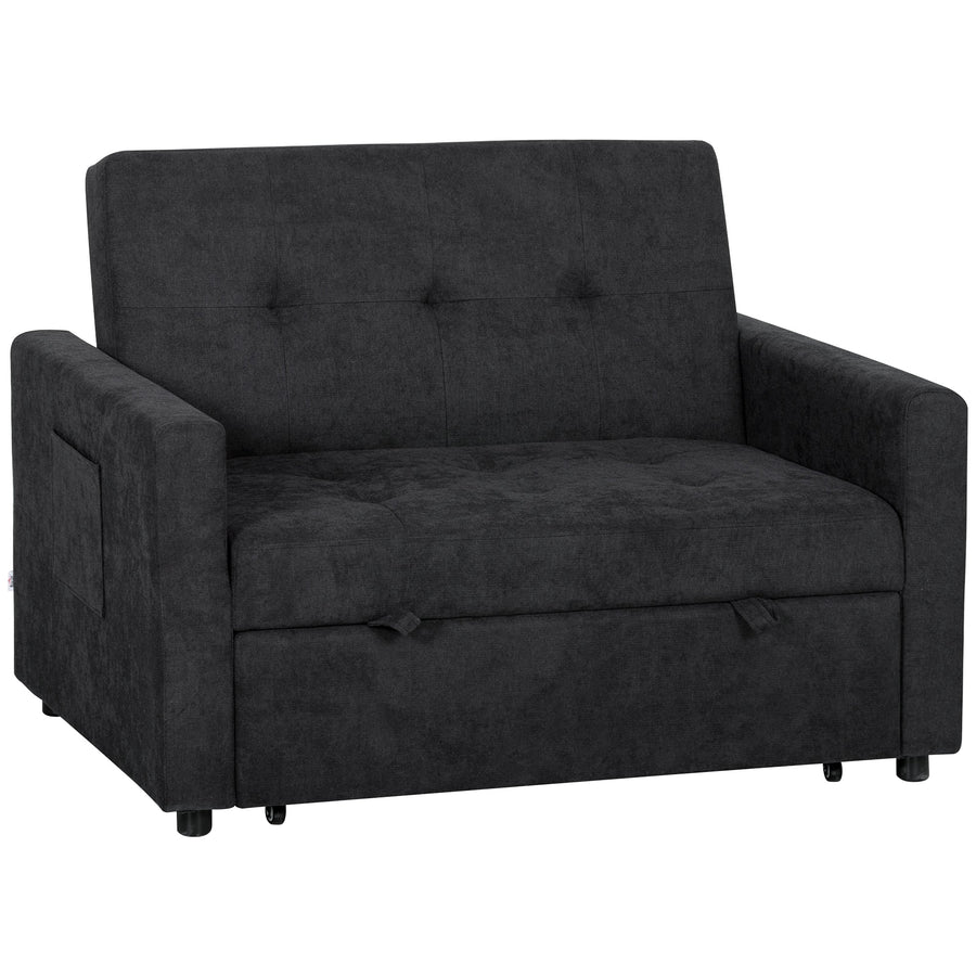 HOMCOM Loveseat Sofa Bed, Convertible Bed Settee with 2 Pillows, Side Pockets, Black