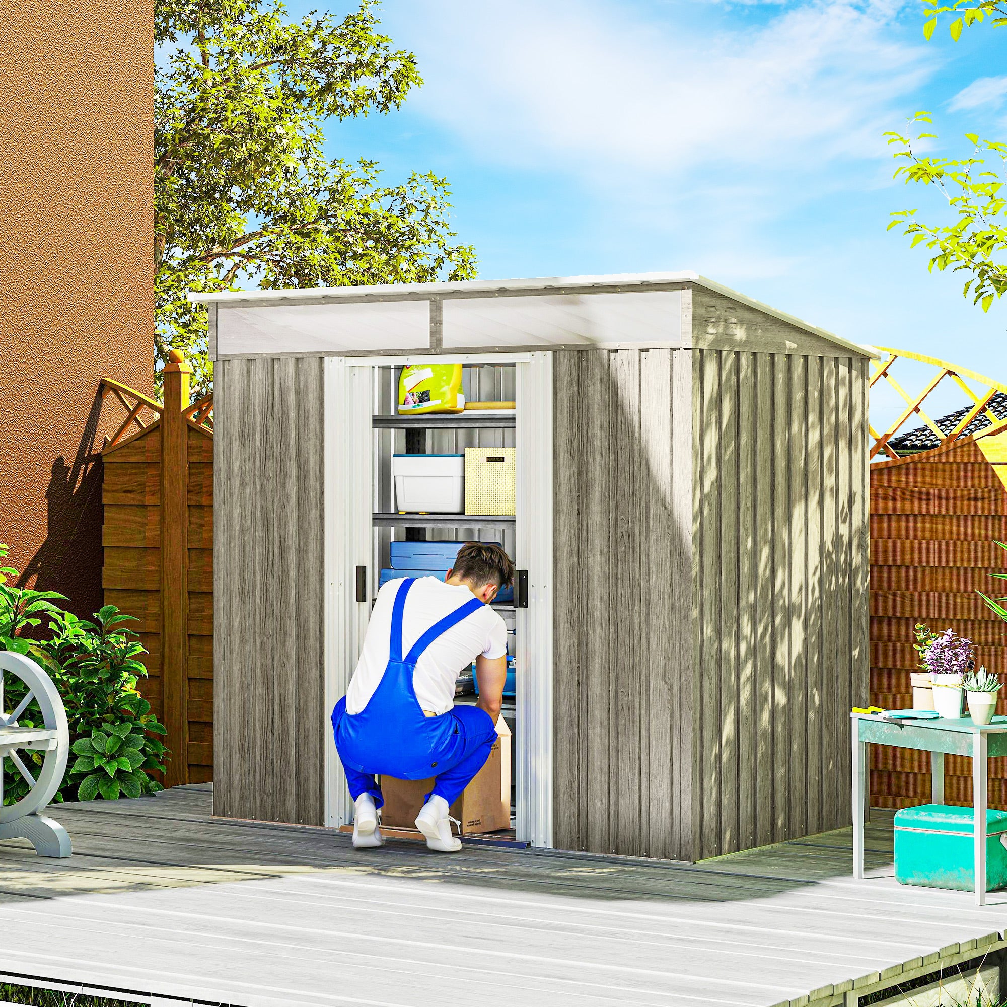 Outsunny 6.5 x 4FT Galvanised Metal Shed with Foundation Kit, Lockable Tool Garden Shed with Double Sliding Doors, Vents, Light Grey Wood Effect