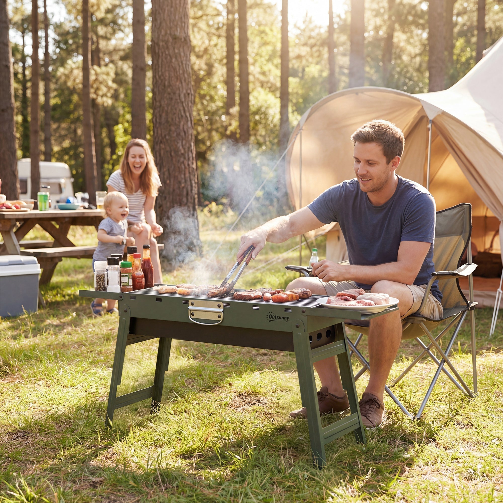 Outsunny Portable BBQ Grill, Foldable Charcoal Grill for Camping and Picnics with 2 Side Shelves and Handle, Green