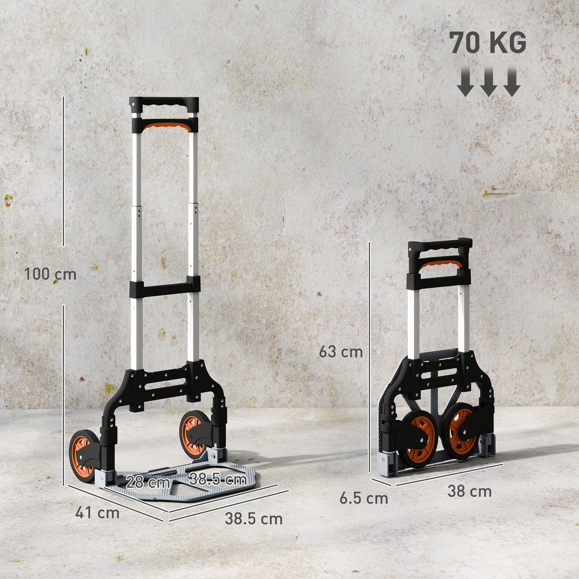 HOMCOM Folding Sack Truck, 70kg Lightweight Hand Truck with Wheels, Foldable Trolley Cart with Telescoping Handle for Warehouse, Office, Luggage, Silver Tone