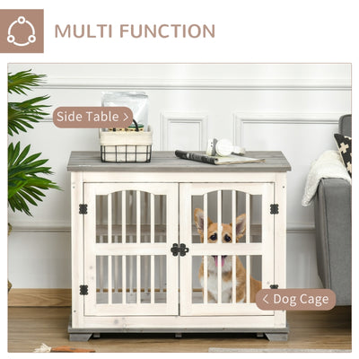 Wooden Dog Crate Furniture Pet Kennel Cage End Table for Small Medium Dogs, Indoor, White, 85.5 x 59.5 x 68 cm