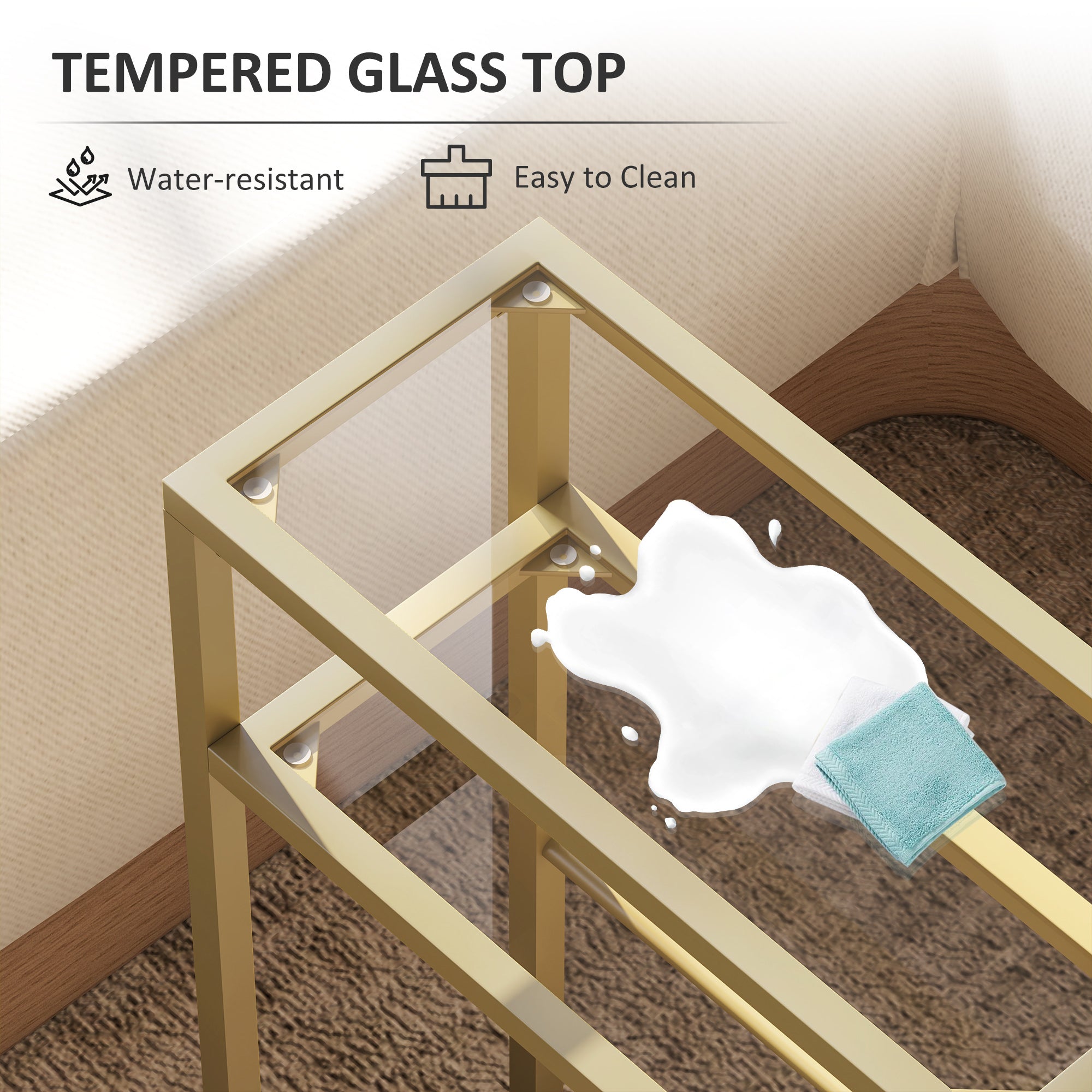 HOMCOM 3-Tier Side Table, Narrow End Table with Storage Shelf and Tempered Glass Tabletop for Small Spaces, Bedroom, Living Room, Entryway, Gold Tone