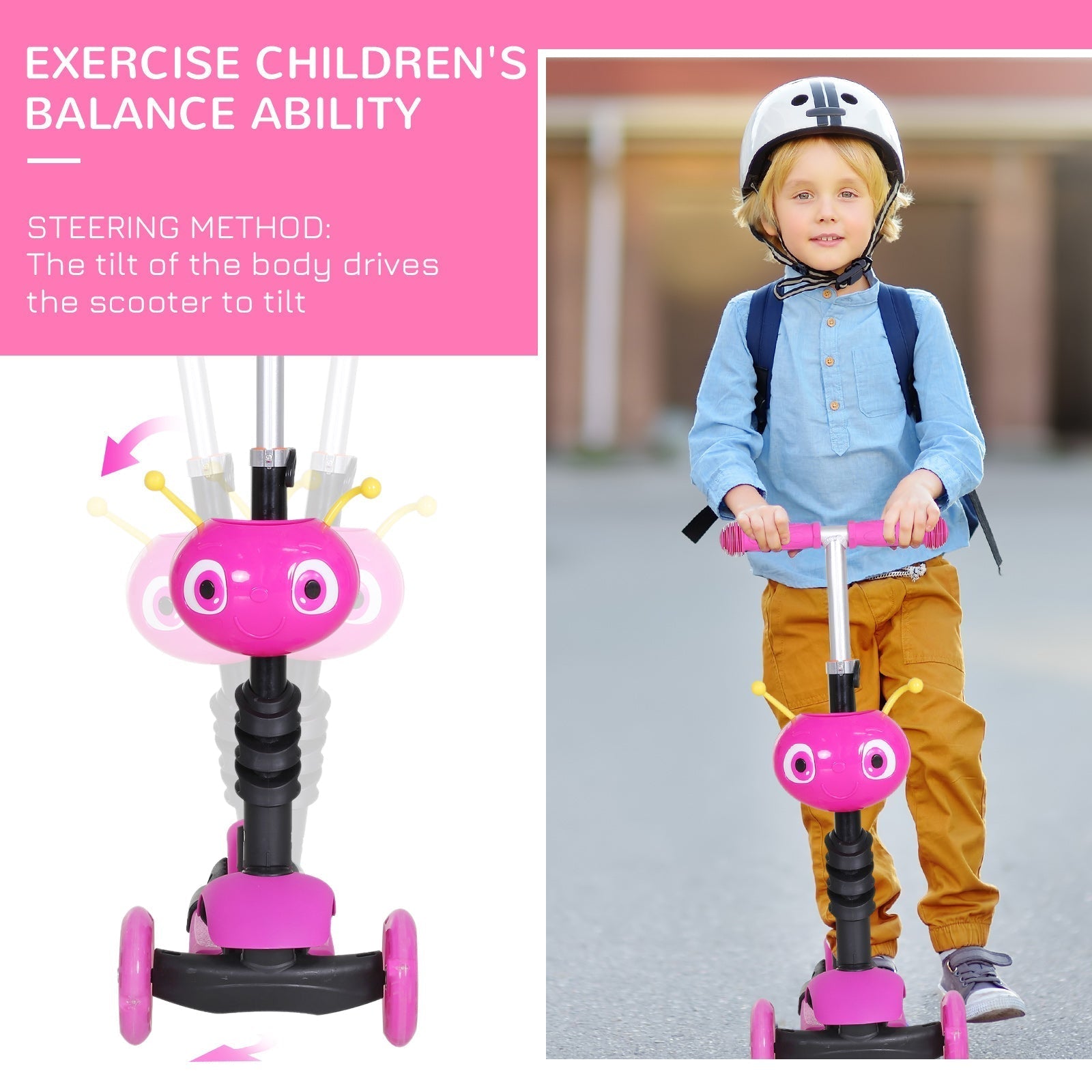 HOMCOM Adjustable Kids Toddler Scooter, with Removable Seat, Back Handle, Pink