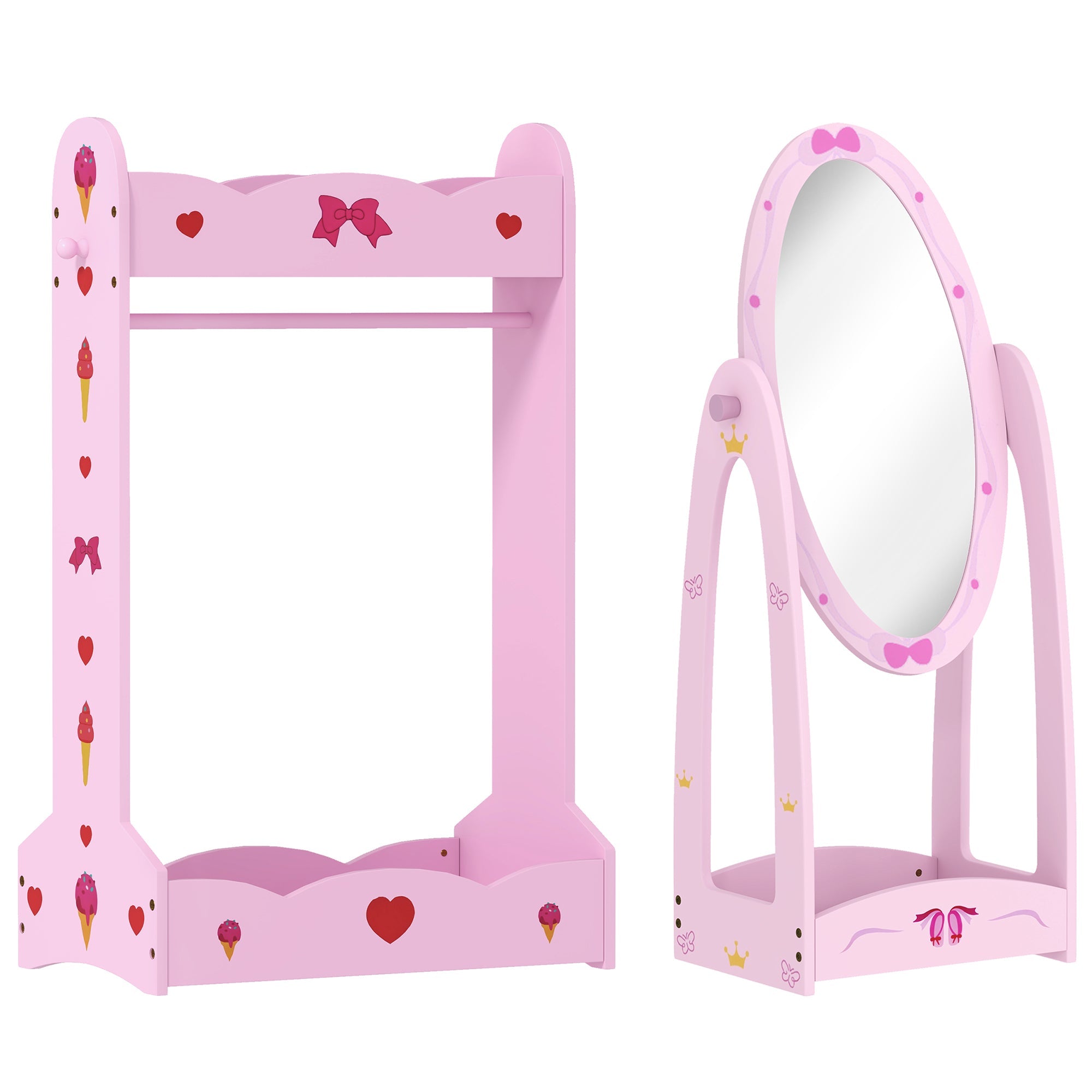 AIYAPLAY Kids Clothes Rail, Kids Dressing Mirror with 360 Rotating, 2 Piece Kids Furniture Set with Storage Shelves, Pink