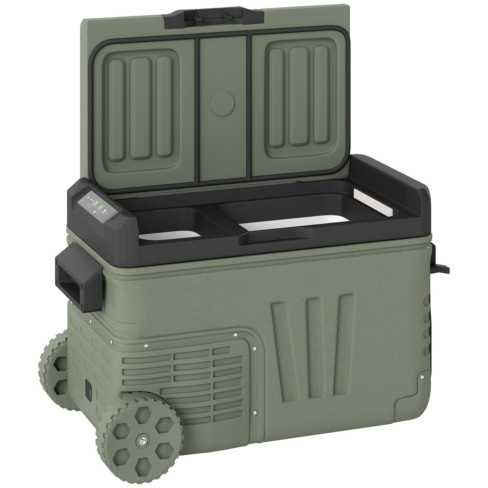 Outsunny 33L Camping Fridge Freezer Dual Zone, Portable Car Fridge 12V/24V DC & 100-240V AC, Electric Cool Box -20√¢‚Äû∆í-20√¢‚Äû∆í with Wheels and LED Light, for Travel, RV, Road Trip, Picnic [Energy Class E]