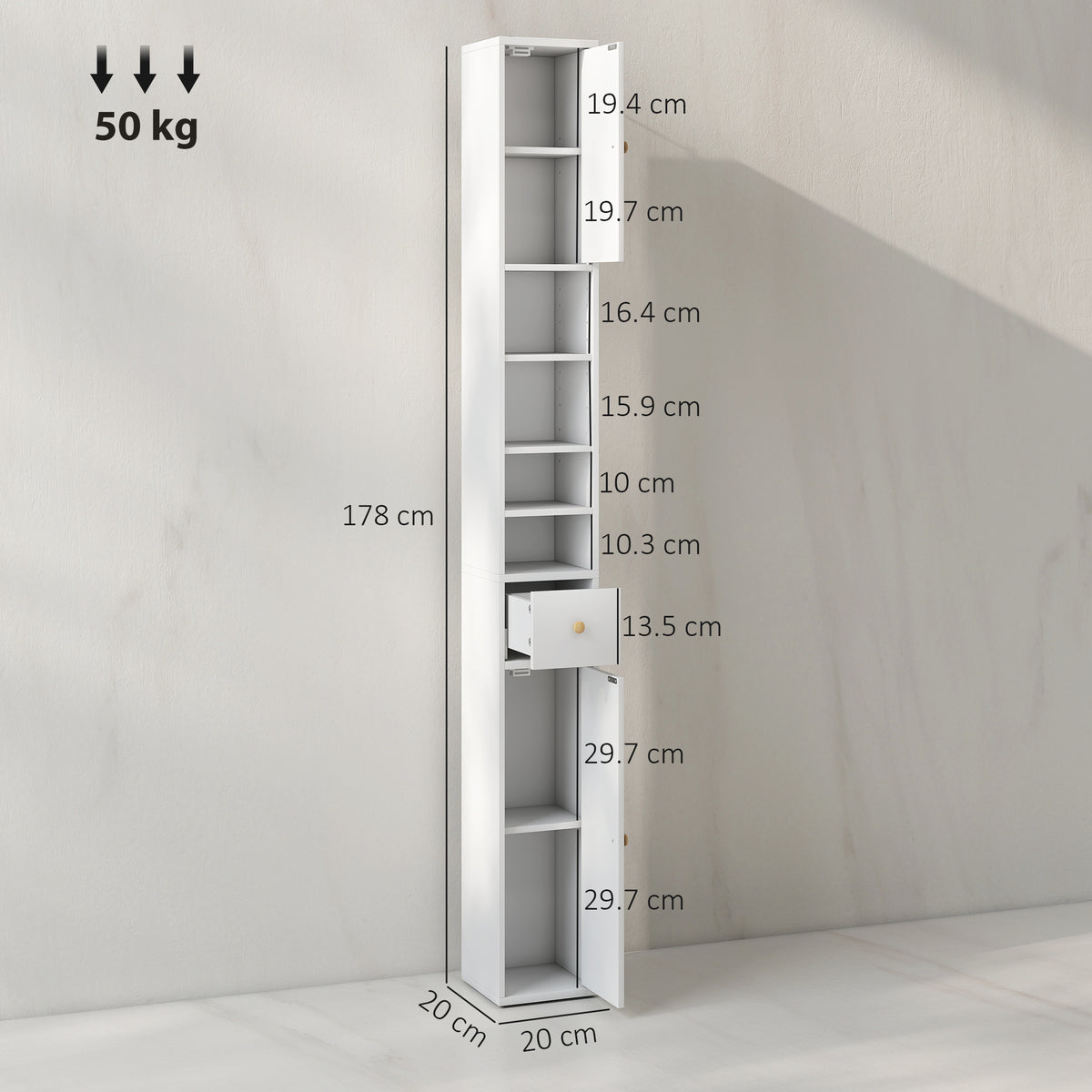 HOMCOM 178 cm Narrow Tall Bathroom Cabinet - White