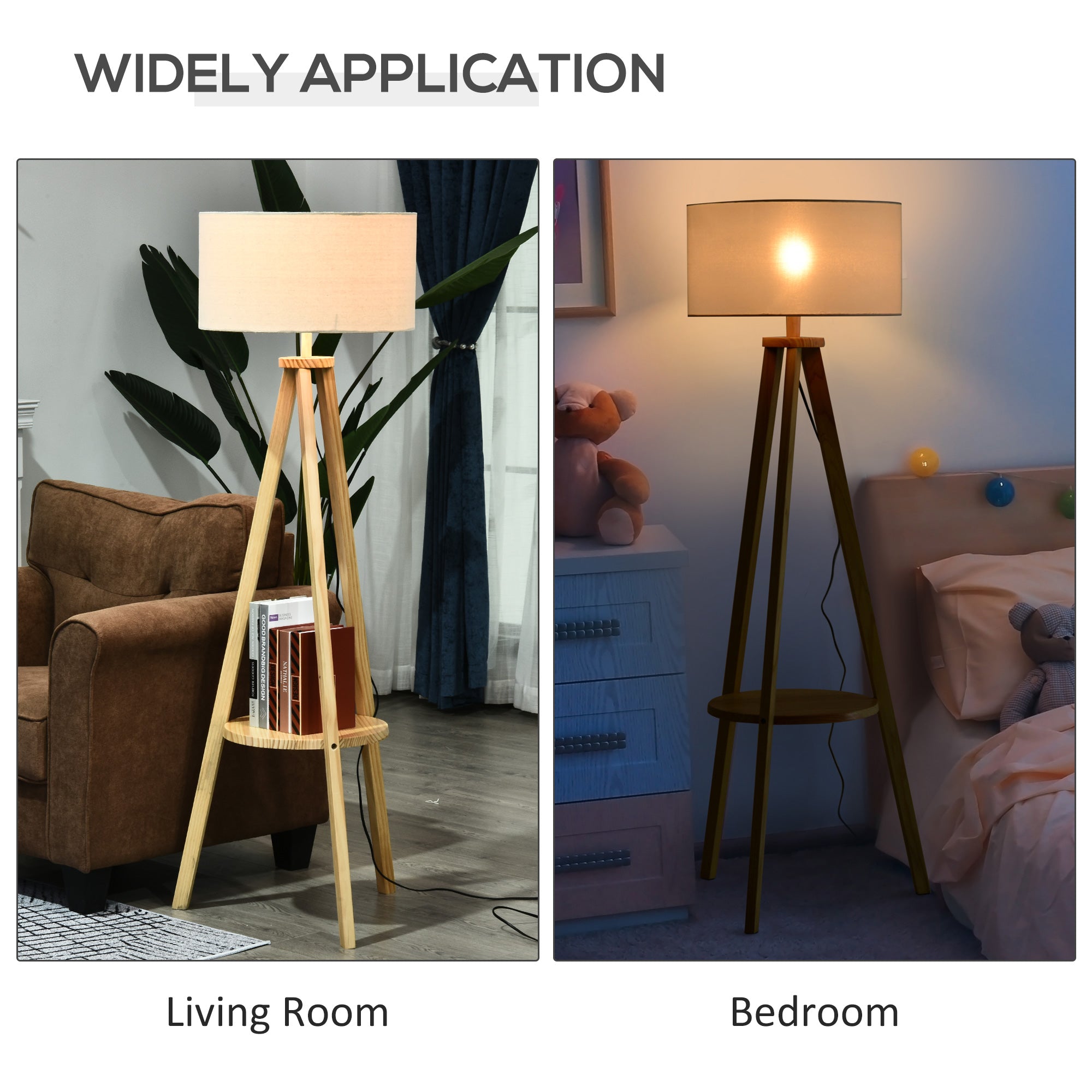 HOMCOM Tripod Floor Lamp, Freestanding Bedside Light Reading Light with Storage Shelf and Linen Shade for Living Room Bedroom, 154cm, Cream
