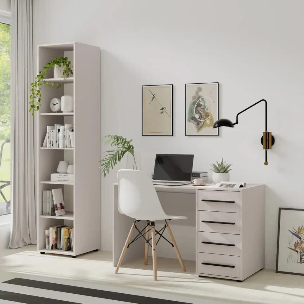 A light grey bookcase filled with books and decorative items in a home office setting