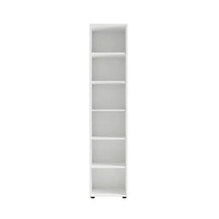 A tall narrow white bookcase with six shelves, shown from the front