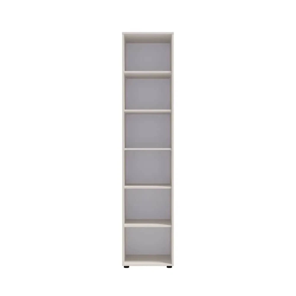 A tall narrow light grey bookcase with six shelves, shown from the front