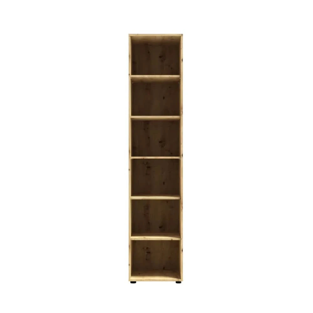 The tall, narrow bookcase with six shelves, made of light wood effect material