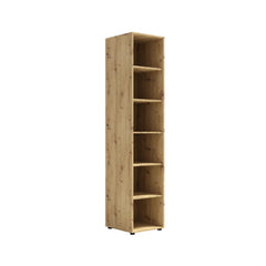 A tall narrow wood effect bookcase with six shelves