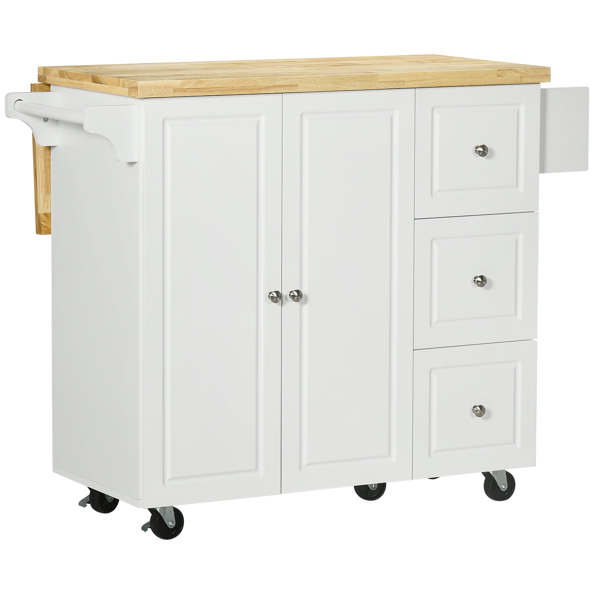 HOMCOM Drop-Leaf Kitchen Island on Wheels with Extendable Rubber Wood Worktop, Rolling Kitchen Storage Trolley, Utility Storage Cart with Drawers & Cabinet for Kitchen, Dining & Living Room, White