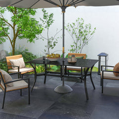 Outsunny Garden Dining Table with Parasol Hole, Patio Table with Steel Frame and Slat Tabletop, Black
