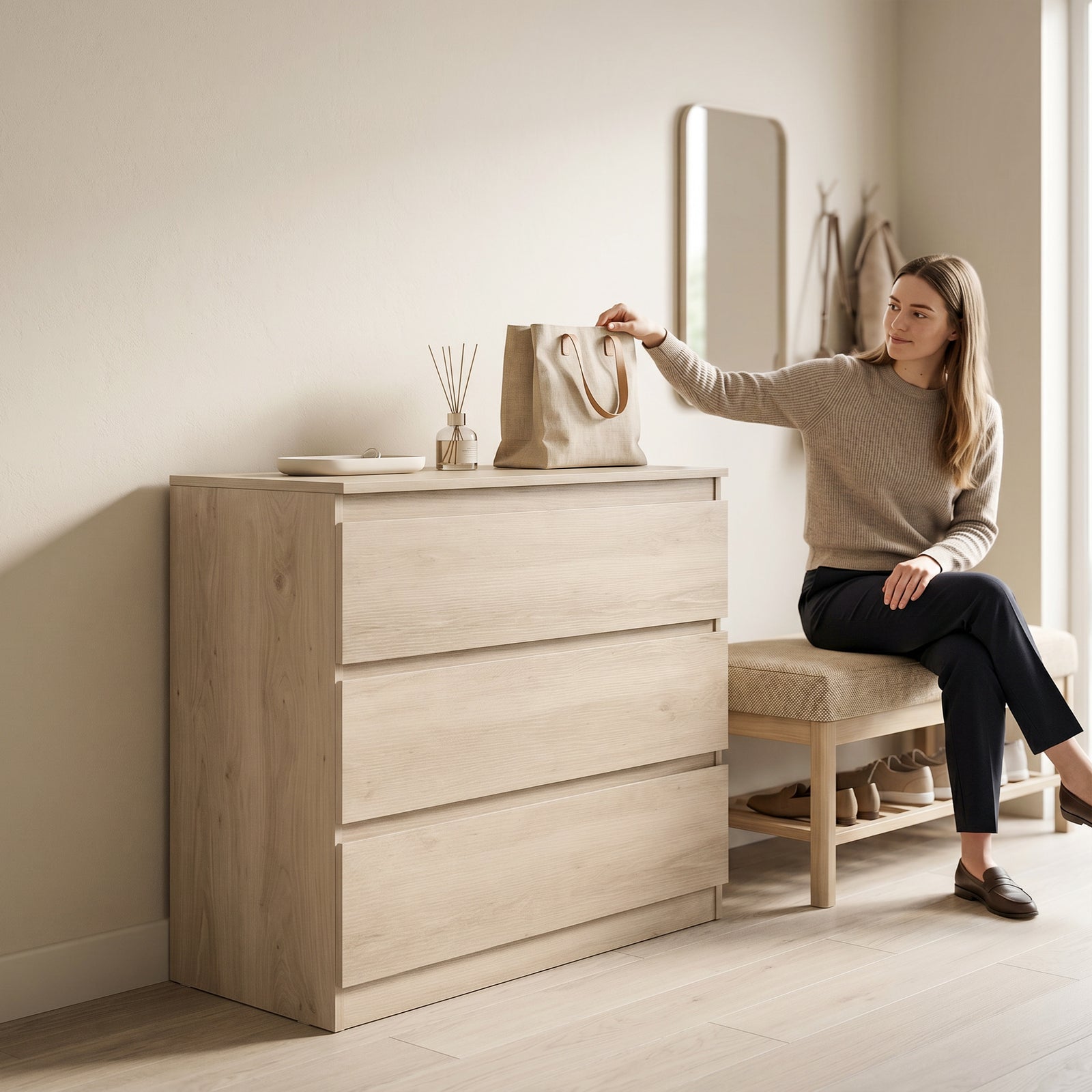 HOMCOM 3-Drawer Storage Organiser Unit, Chest of Drawers for Bedroom, Living Room, 80 x 39 x 73cm, Oak
