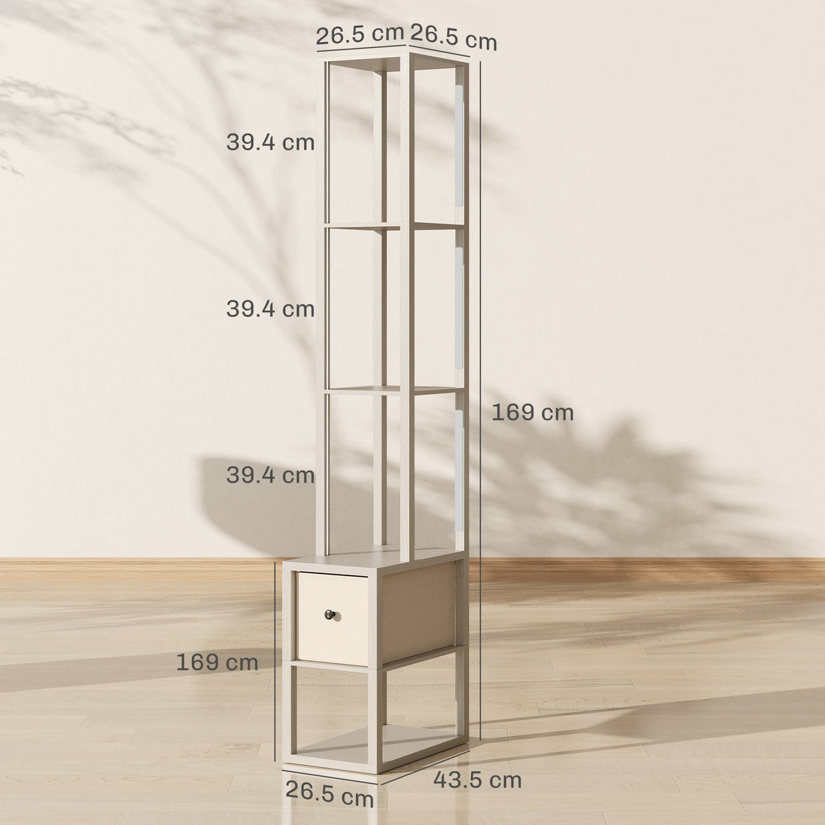 HOMCOM Floor Lamp with Shelves, LED Column Modern Standing Lamp with Fabric Drawer, Adjustable Brightness, Foot Switch for Living Room, Bedroom, Office, Oak