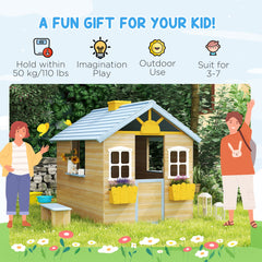 Outsunny Wooden Playhouse, Wendy House w/ Door, Bench, Flowerpot Holder, For Ages 3-7 Years, Blue