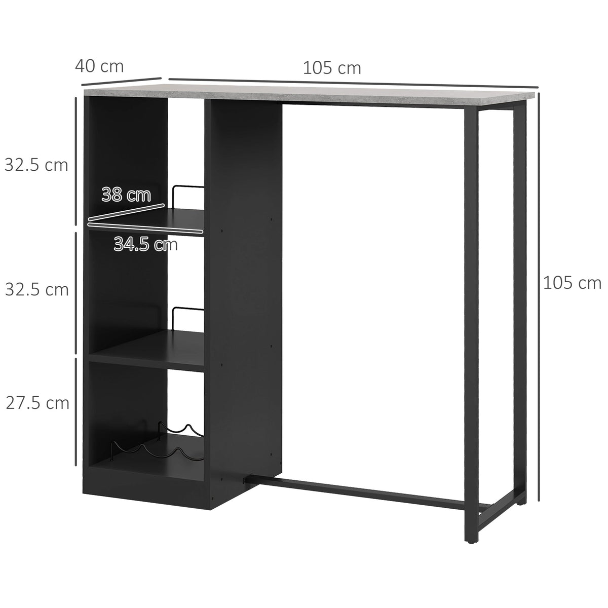 HOMCOM Breakfast Bar Table, Bar Table with 3-Tier Storage Shelf and Wine Rack, 105W x 40D x 105H cm, Black