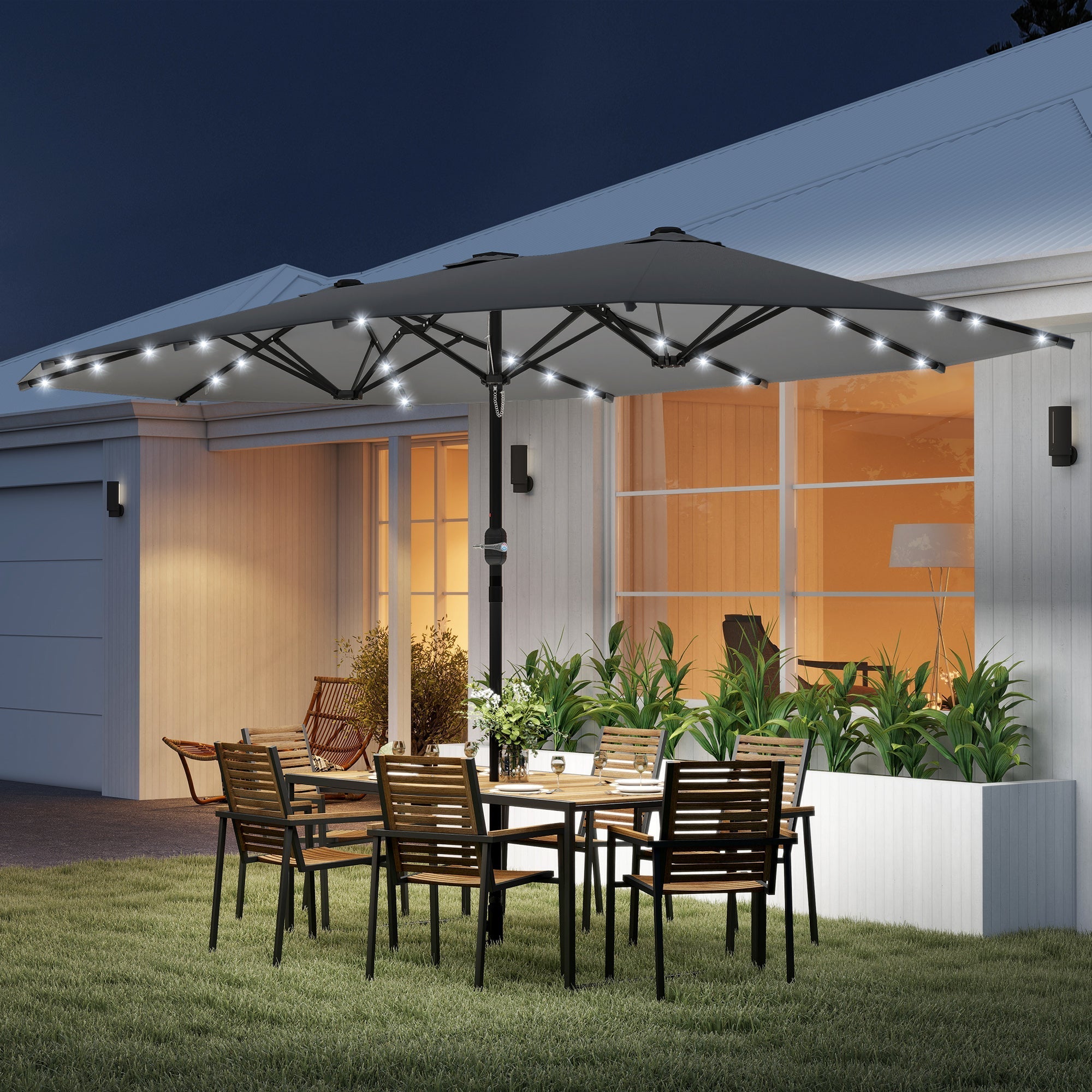 Outsunny 4.4m Double-Sided Sun Umbrella Patio Parasol LED Solar Lights Dark Grey