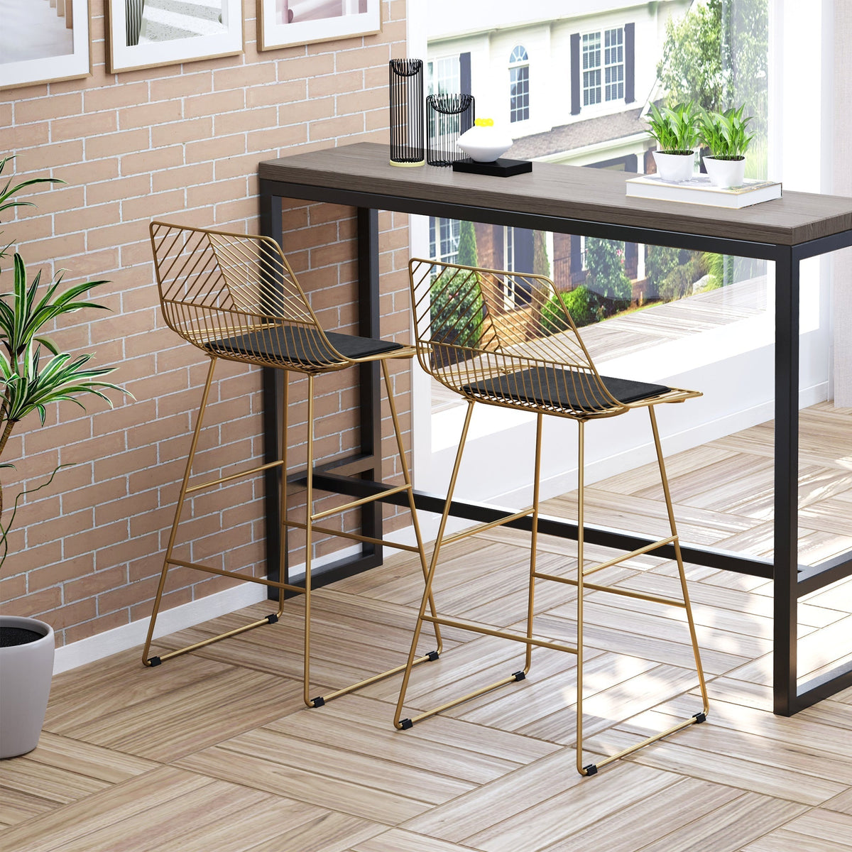 HOMCOM Set of 2 Bar Stools, Modern Counter Height Breakfast Bar Chairs with Wire Metal Frame for Kitchen, Dining Room, Gold
