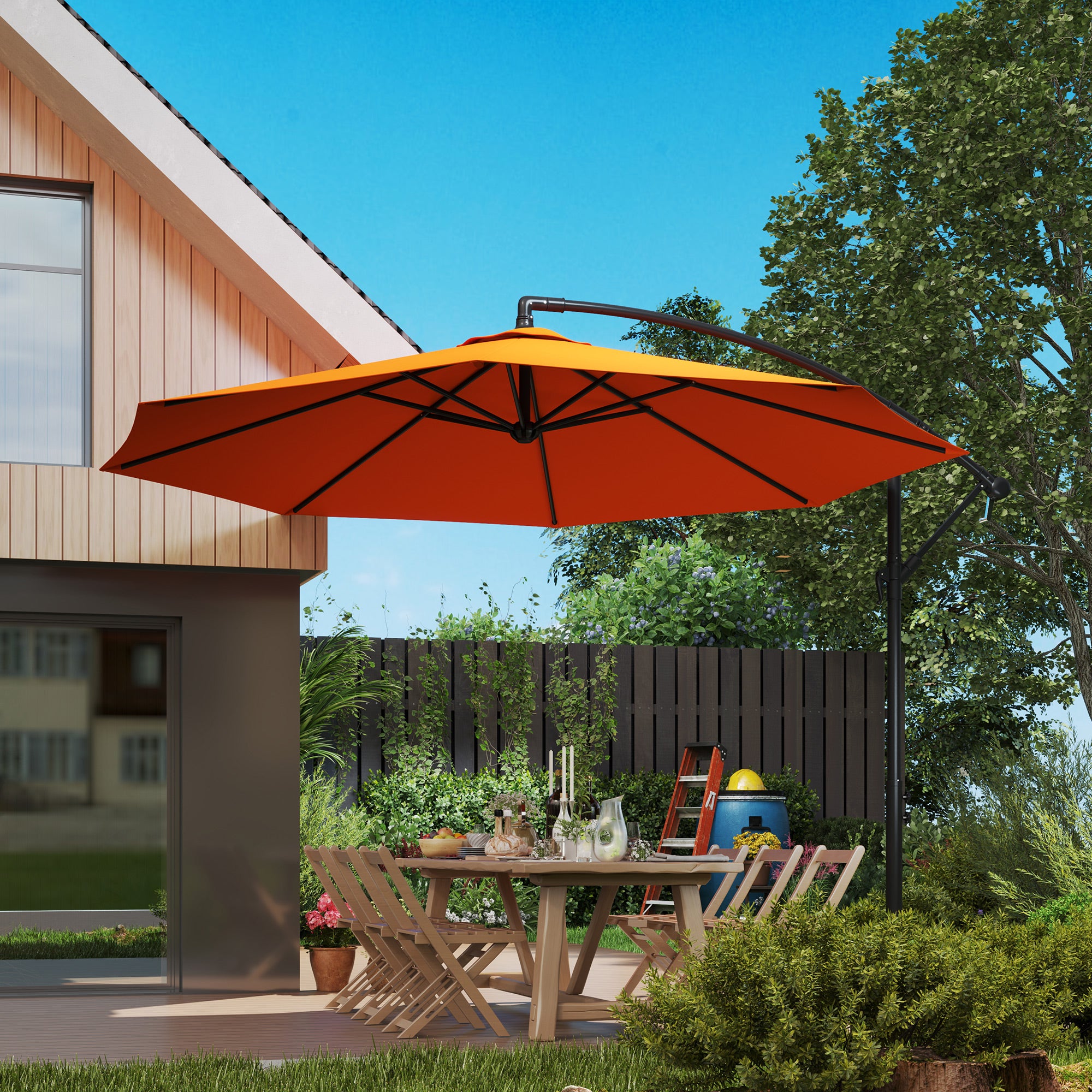 Outsunny 3(m) Overhanging Parasol, with Base - Orange