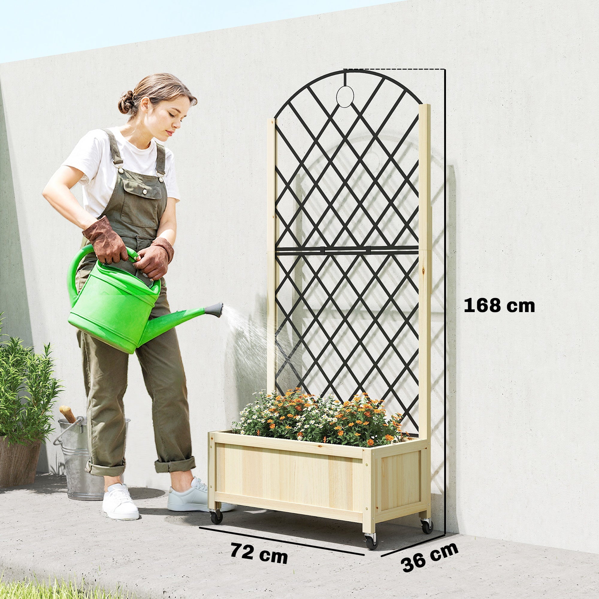 Outsunny Raised Garden Bed with Metal Trellis, Wooden Elevated Planter Box with Lockable Wheels, Outdoor Raised Planter, Natural