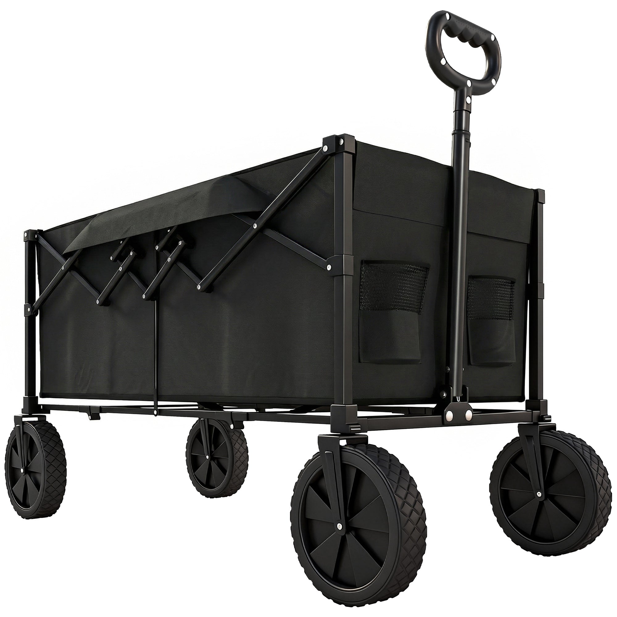 Outsunny 95L Foldable Festival Trolley on Wheels, Collapsible Wagon Cart with Adjustable Handle and 2 Cup Holders, Black
