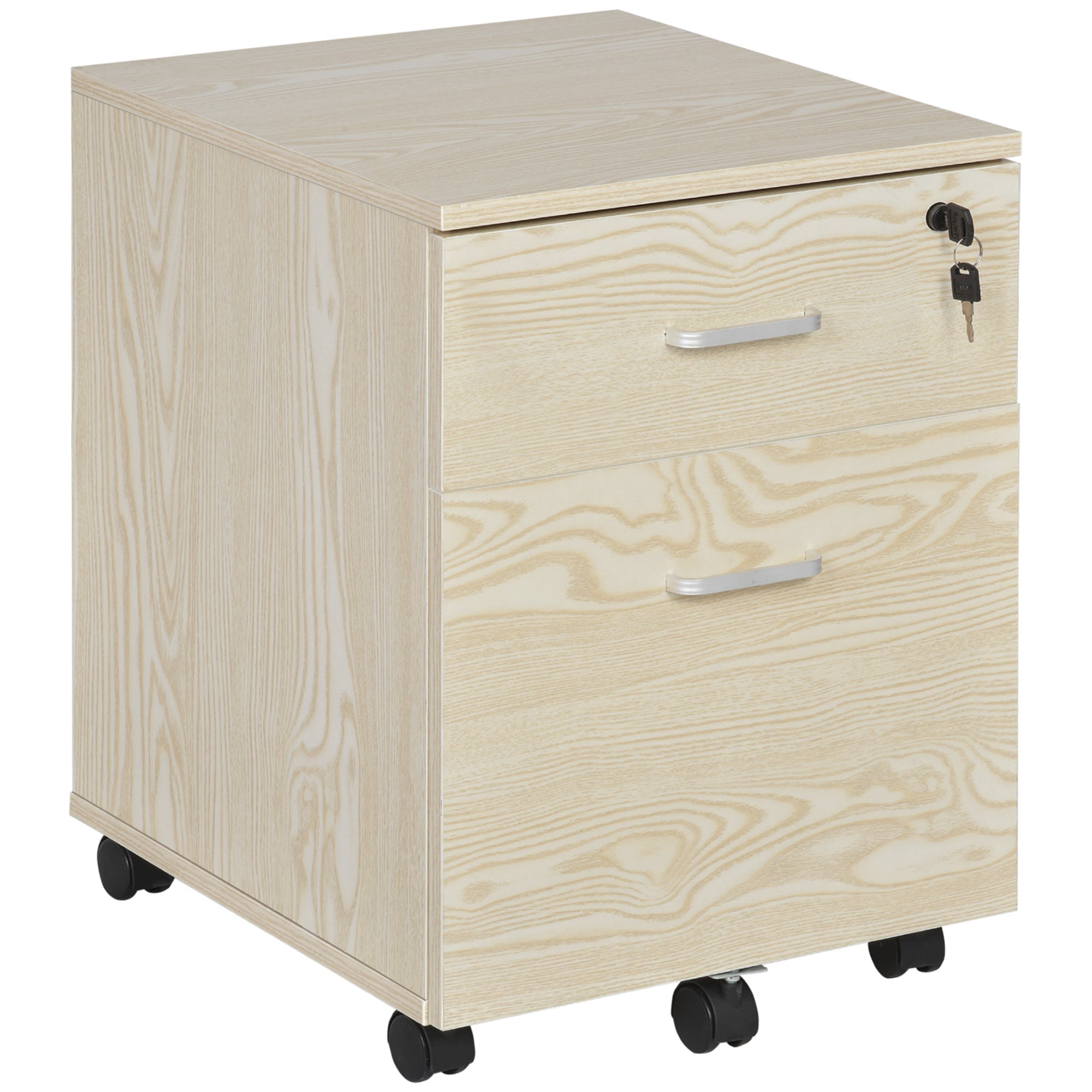 Vinsetto 2-Drawer Locking Office Filing Cabinet w/ 5 Wheels Rolling Storage Hanging A4 Cupboard Home Organisation, Oak Wood Grain