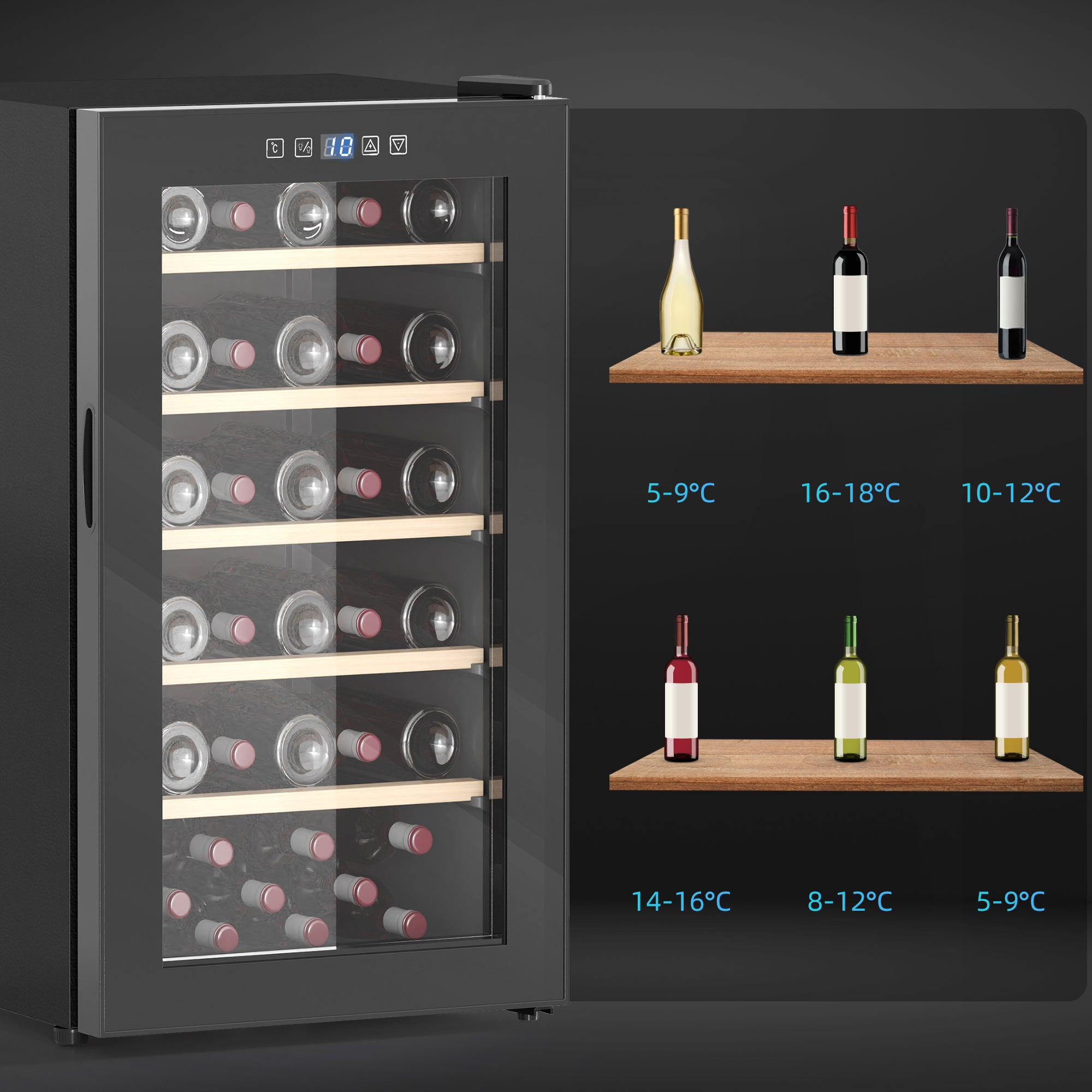 HOMCOM 41 Bottle Wine Fridge, 91 Litre Capacity, 45cm Freestanding Wine Cooler Fridge with Glass Door, LED Light, Digital Touch Screen, Temperature Control, Black