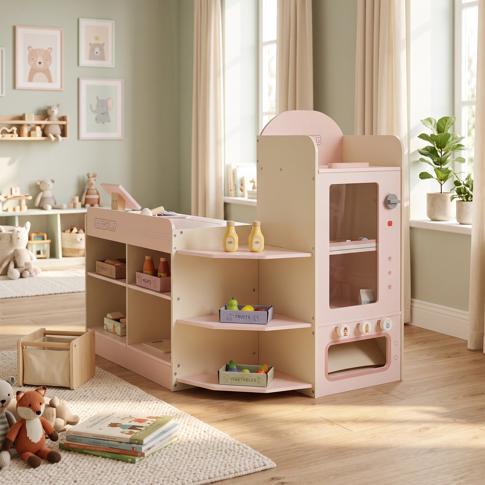 AIYAPLAY Kids Grocery Store, Children Supermarket Playset with Cash Register, Vending Machine, Display Shelves