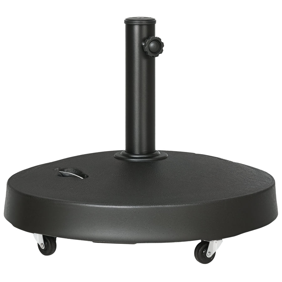 Outsunny 25kg Resin Garden Parasol Base with Wheels and Retractable Handles, Round Outdoor Market Umbrella Stand Weight for Poles of Φ38mm to Φ48mm, Black