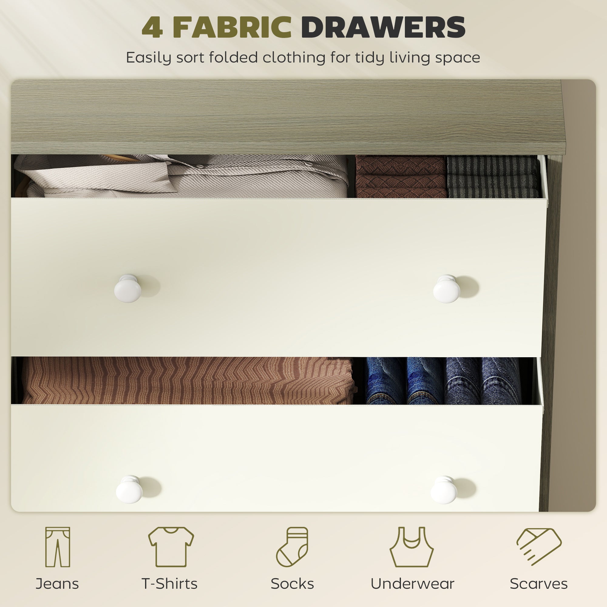 HOMCOM Chest of Drawers, Dresser with 4 Fabric Drawers - White and Grey