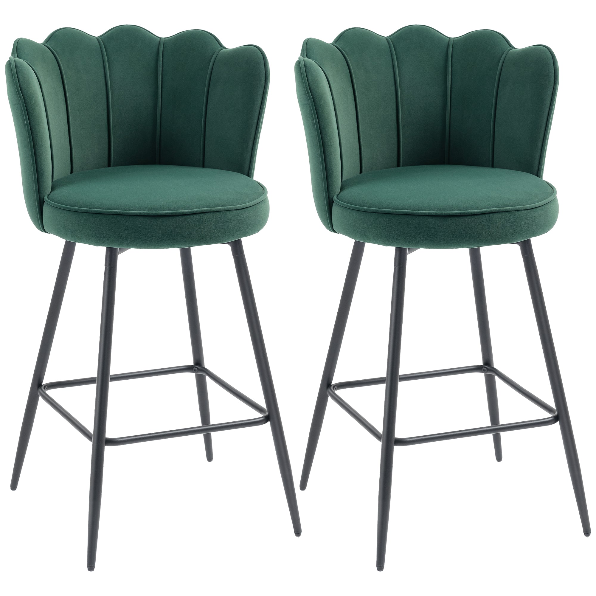 HOMCOM Set of Two Velvet-Feel Lotus Bar Stools - Dark Green