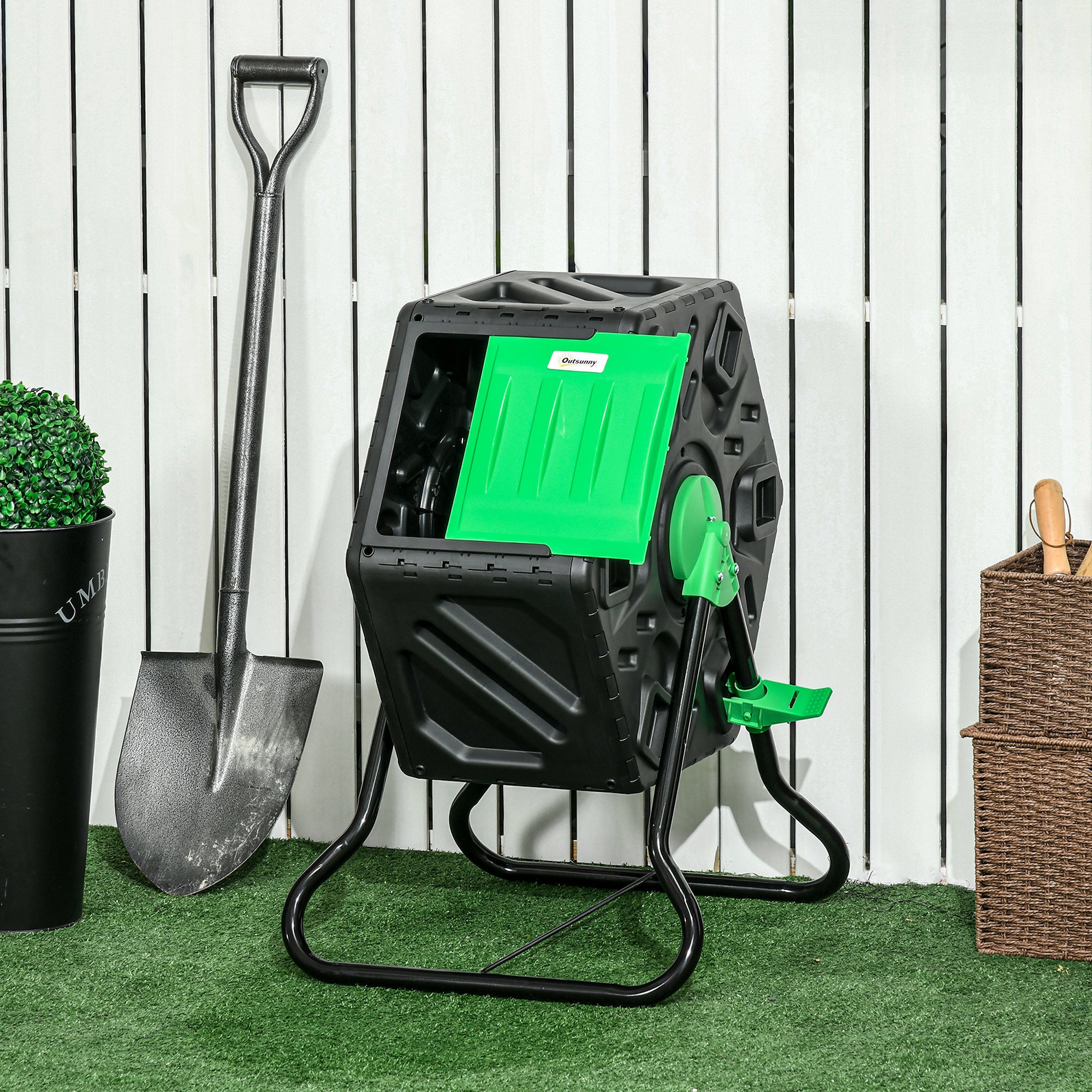 Outsunny 65L Garden Compost Bin, Single Chamber Rotating Composter, Compost Maker with 24 Ventilation Openings and Steel Legs