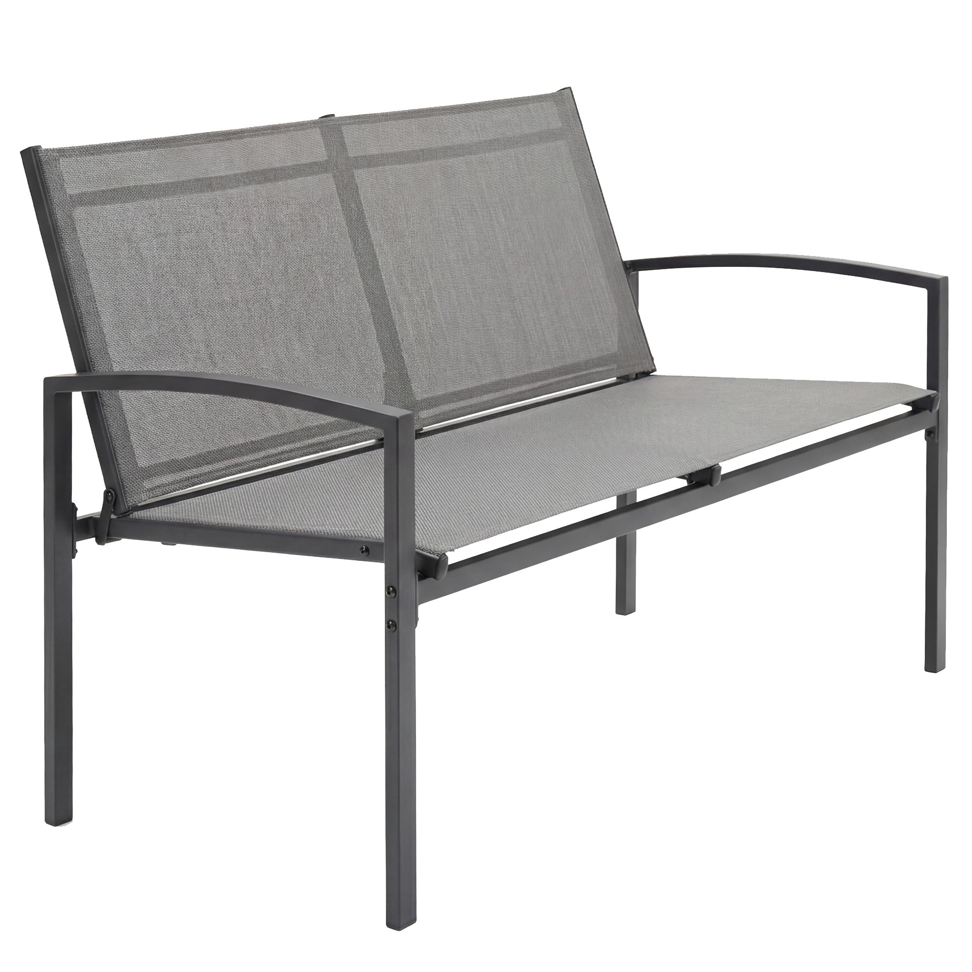 Outsunny Metal Garden Bench, 2 Seater Outdoor Furniture Seating with Breathable Texteline Fabric, Park Patio Seat, Grey