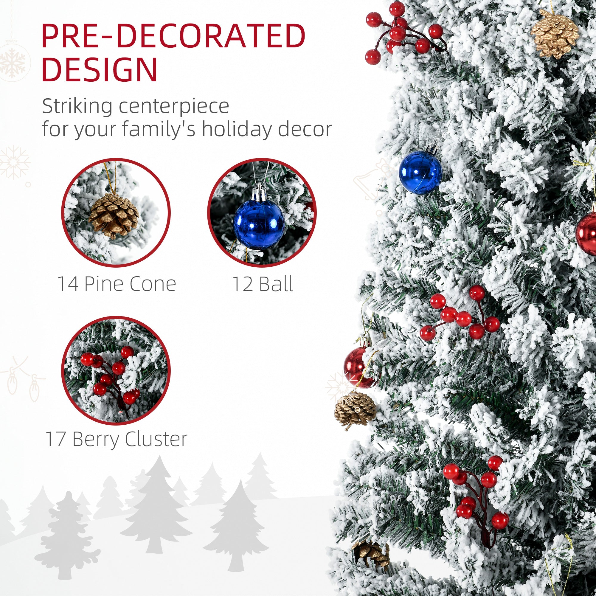 HOMCOM 7.5' Artificial Prelit Christmas Trees Holiday D√É¬©cor with Colourful LED Lights, Flocked Tips, Berry, Pine Cone
