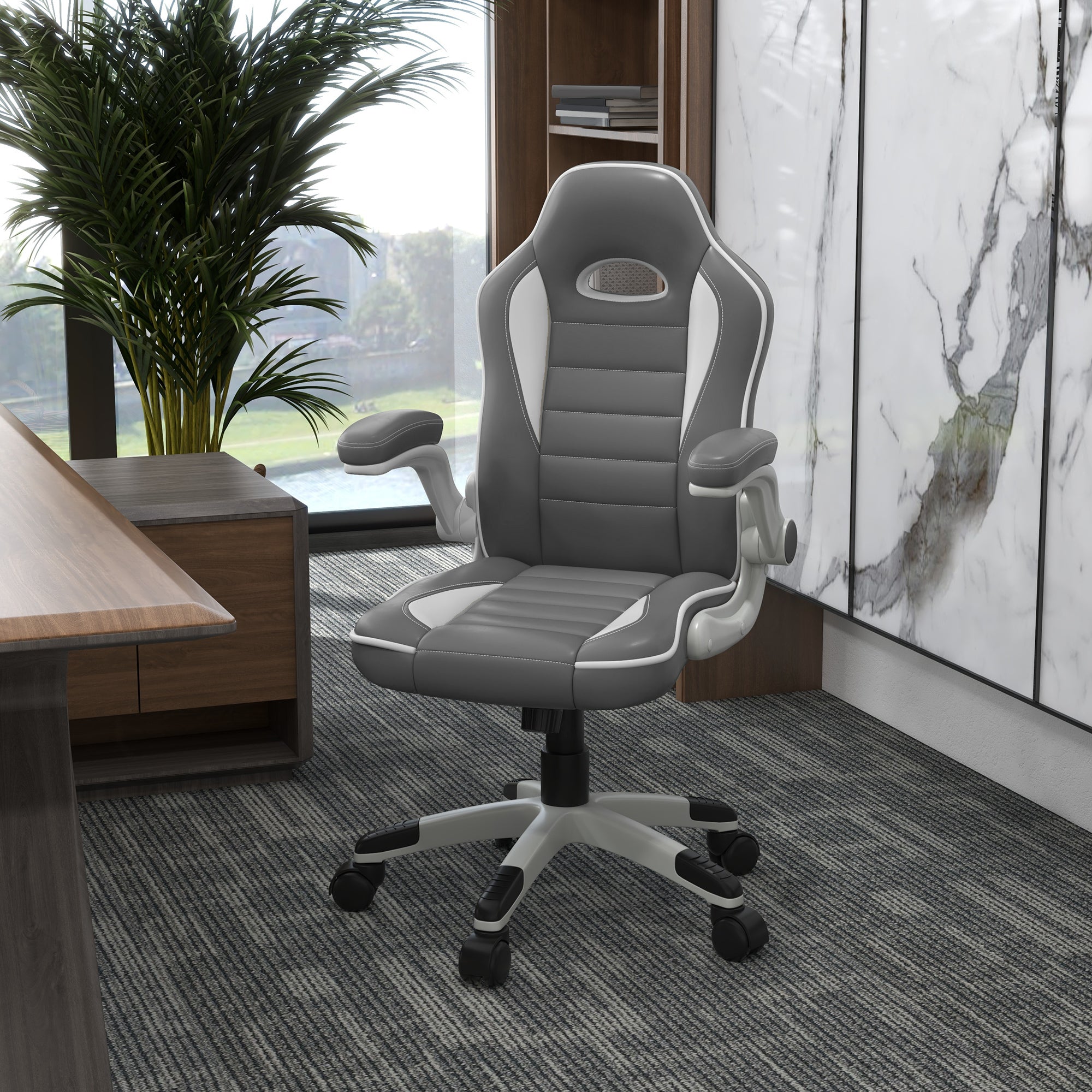 Vinsetto Computer Gaming Chair, Office Desk Swivel Chair, PU Leather Racing Chair with 90  Flip-up Armrest, Adjustable Height and Rolling Wheels, Grey
