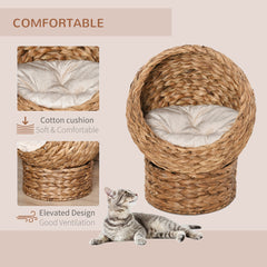 PawHut Woven Banana Leaf Elevated Cat Bed Wicker Kitten Basket Pet Den, House Cosy Cave with Soft Cushion Dome 50x42x60cm Brown