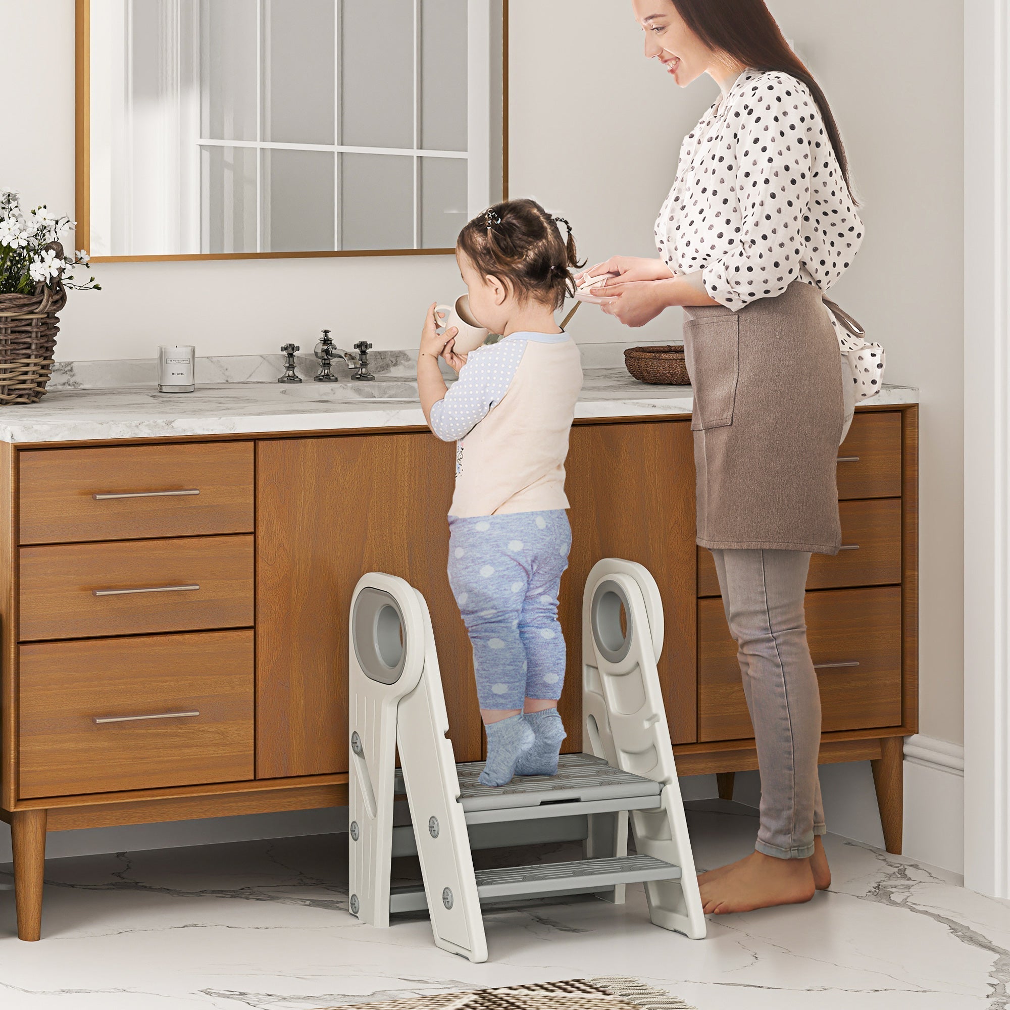 AIYAPLAY Foldable and Adjustable Kids Step Stool with Handle, Non-Slip, Grey