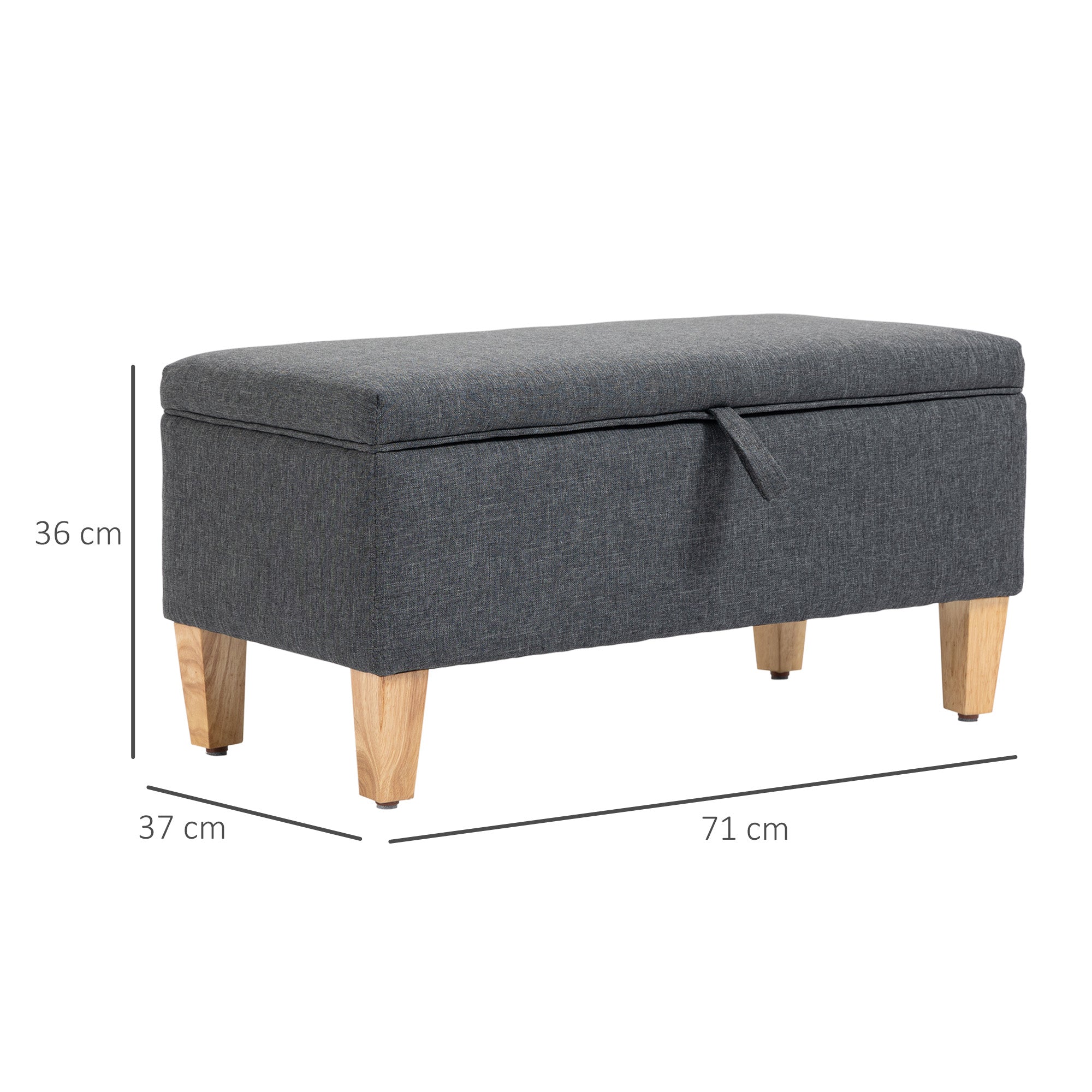 HOMCOM 30L Linen Storage Ottoman Padded Footstool with Rubberwood Legs for Storage Box, Bed End, Shoe Bench, Seating, Dark Grey