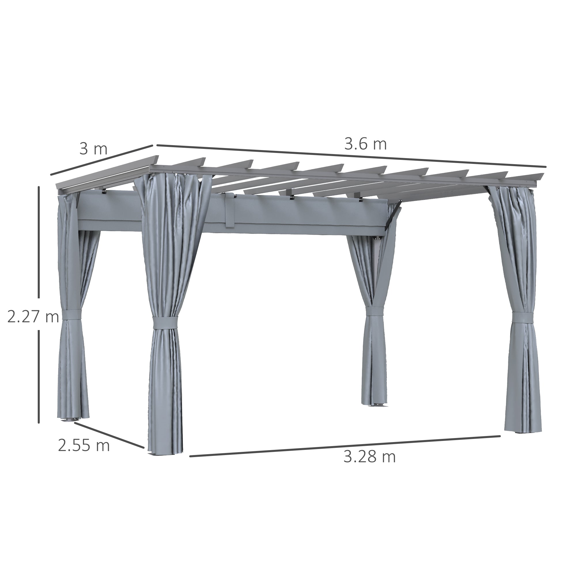 Outsunny 3.6 x 3(m) Outdoor Pergola with Retractable Roof and Curtains, Garden Gazebo Canopy Sun Shade Shelter with Aluminum Frame, Dark Grey