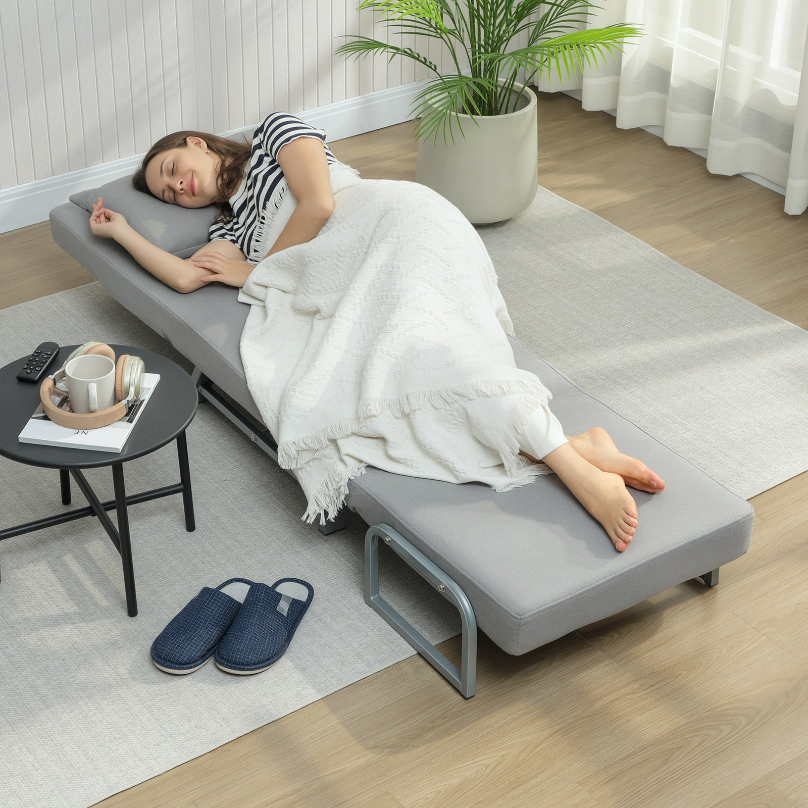 HOMCOM Single Sofa Bed, 3-in-1 Convertible Folding Chair Bed with Adjustable Backrest, Removable Armrests, Light Grey